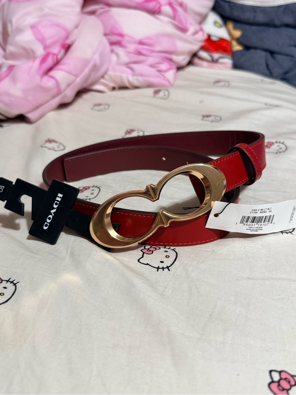 Coach Red Leather Belt with Gold Double-Loop Buckle